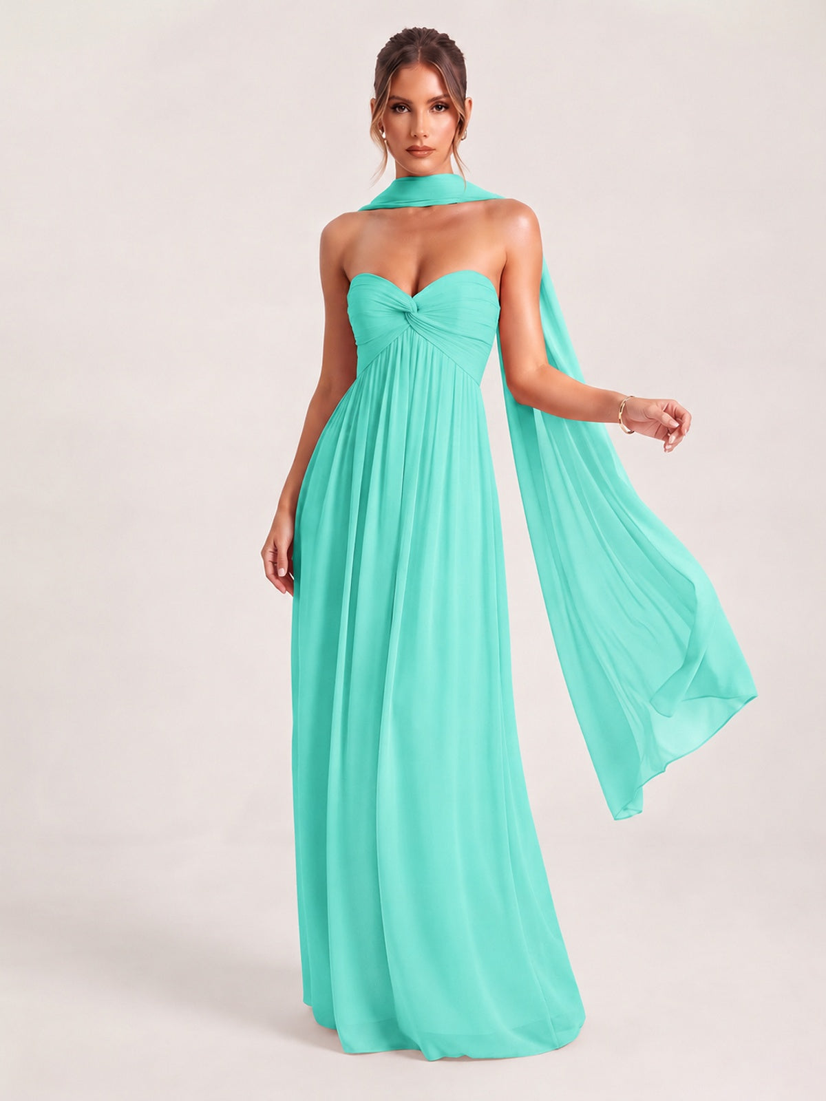 Turquoise Strapless Ruched Chiffon Long Prom Dress with Scarf A-line Sweetheart Ruffled Formal Wedding Guest Dress Evening Gown