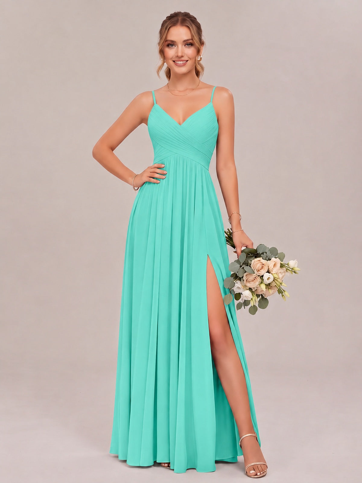 Turquoise Spaghetti Straps Pleated Chiffon Bridesmaid Dress with Slit V-Neck A-line Long Formal Evening Wedding Guest Gown
