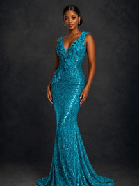 Gold Sequin Floral Applique Mermaid Prom Dress