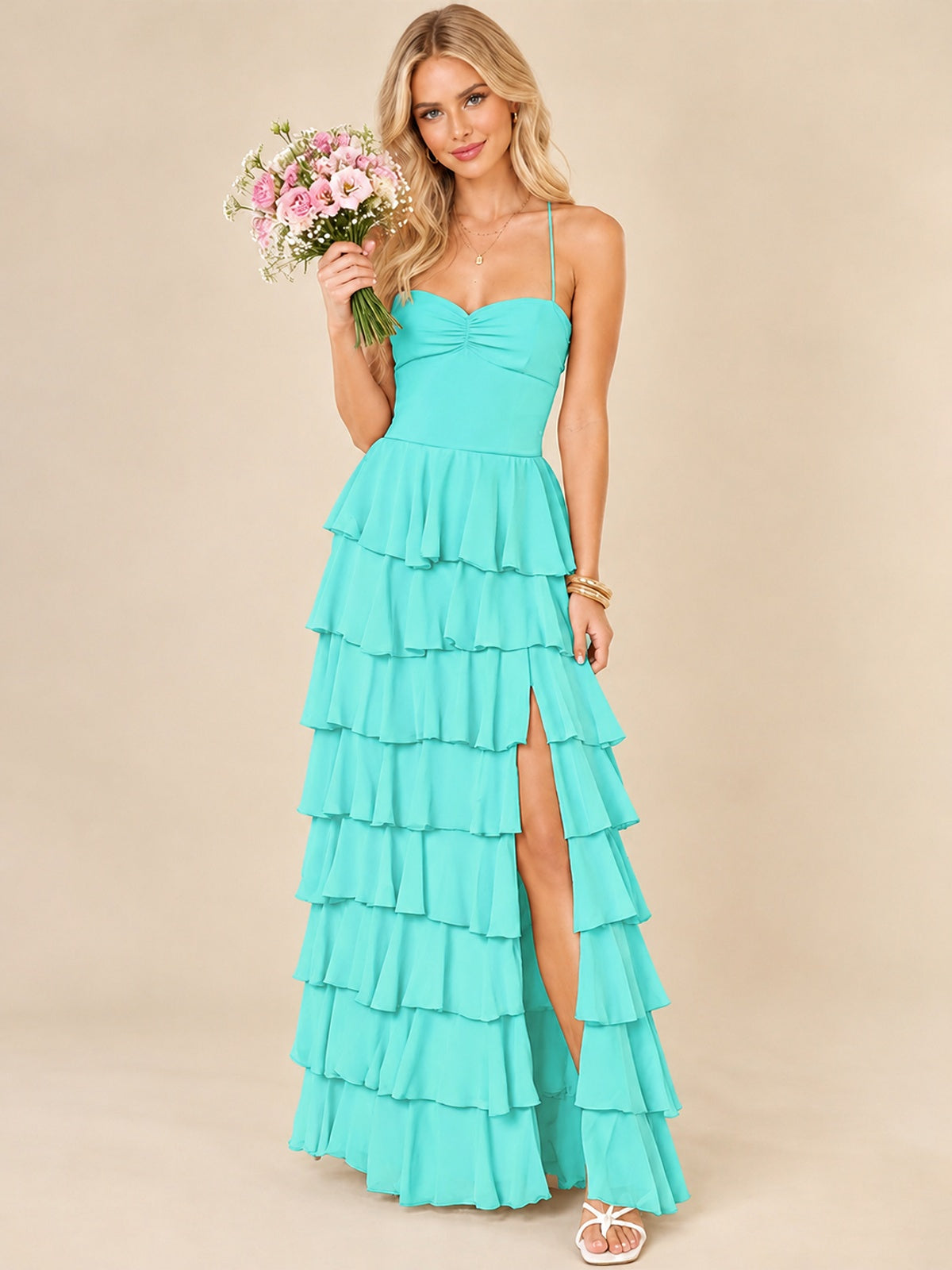 Ruffled Tiered Chiffon Prom Dress Spaghetti Straps Formal Maxi Dress with Slit