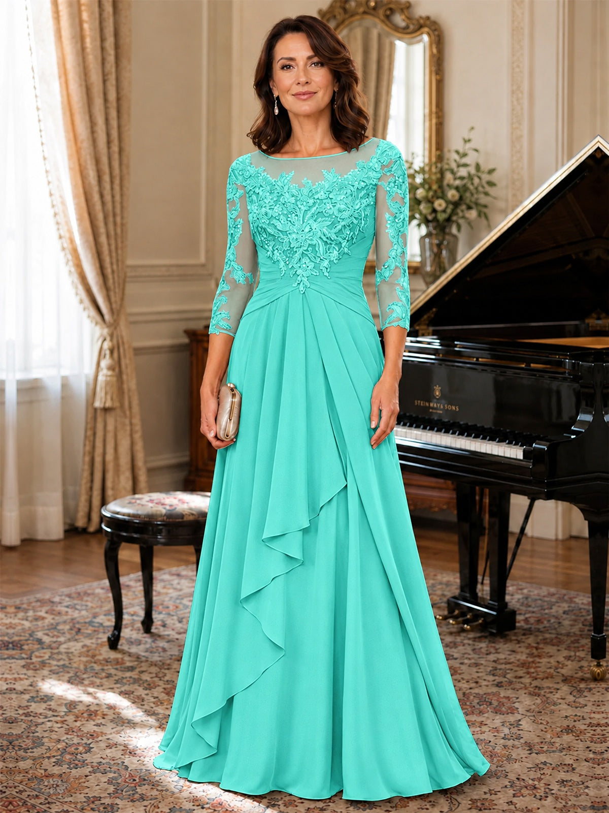 A-Line Chiffon Mother of the Bride Dress with Floral Applique 3/4 Sleeves
