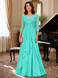 A-Line Chiffon Mother of the Bride Dress with Floral Applique 3/4 Sleeves