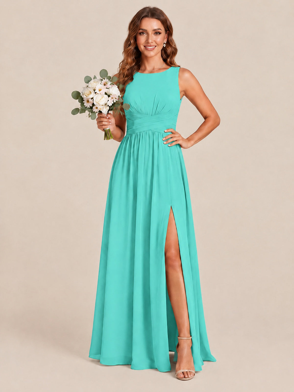A-line Sleeveless Rucehd Chiffon Bridesmaid Dress with High Slit