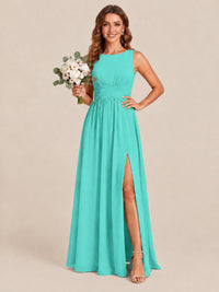 A-line Sleeveless Rucehd Chiffon Bridesmaid Dress with High Slit