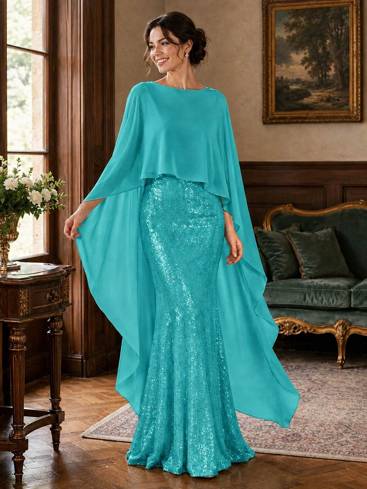 Sequin 2 Pieces Mother of the Bride Dress with Cap Sleeves Chiffon Formal Gowns