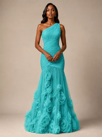 Blush Pink One Shoulder 3D Floral Mermaid Prom Dress