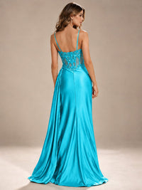 Mermaid Satin Prom Dress with Floral Appliqué Corset and High Slit
