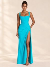 Square Neck Satin Sleeveless Ruched Prom Dress with High Slit
