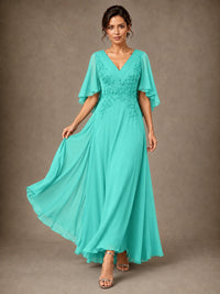 V-Neck Chiffon Lace Mother of the Bride Dress with Flutter Sleeves