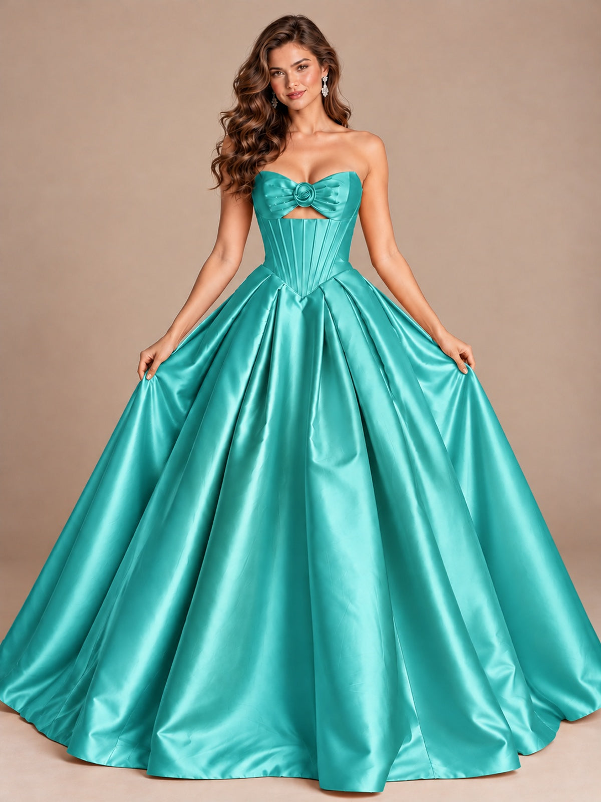 Pink Strapless Corset Satin Prom Derss & Ball Gown with 3D Floral