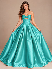 Pink Strapless Corset Satin Prom Derss & Ball Gown with 3D Floral