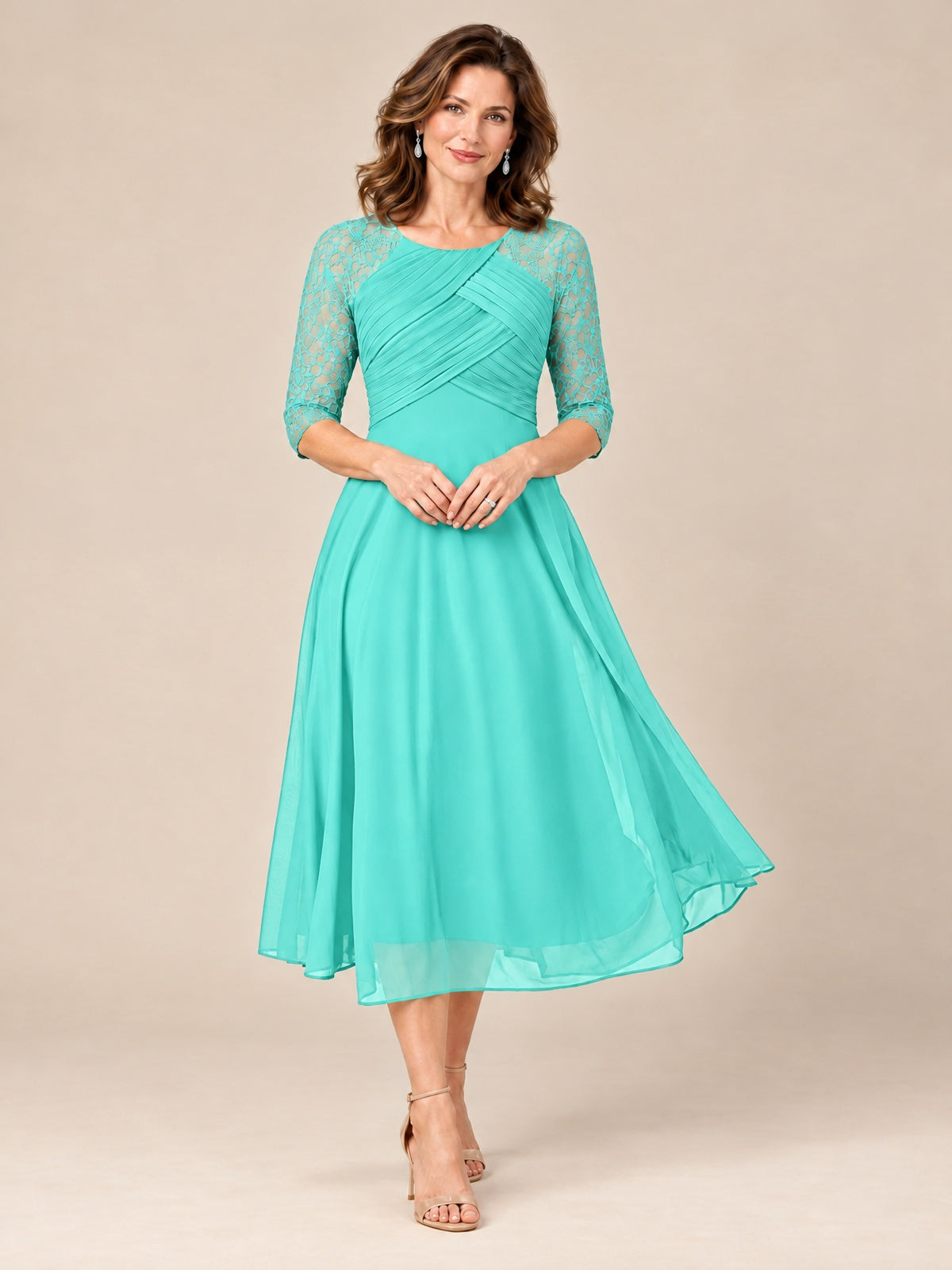 Turquoise-Lace Applique Pleated Tea Length Mother of The Bride Dresses