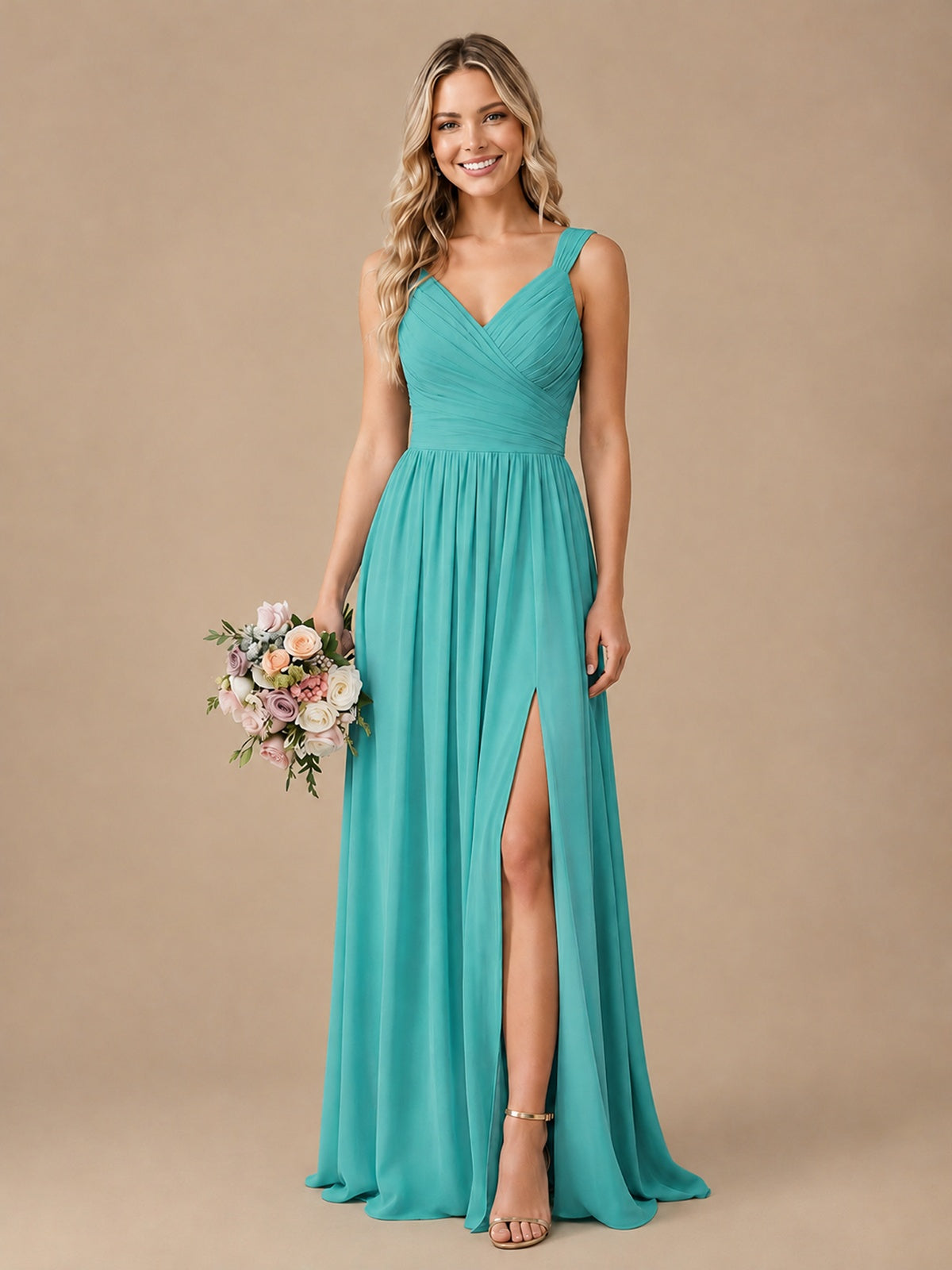 Pleated Chiffon V Neck Wedding Bridesmaid Dresses Floor Length with Slit