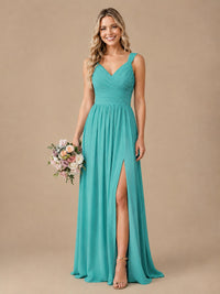 Pleated Chiffon V Neck Wedding Bridesmaid Dresses Floor Length with Slit