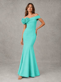 Blush Pink Off Shoulder Mermaid Bridesmaid Dress with Floral Rosette