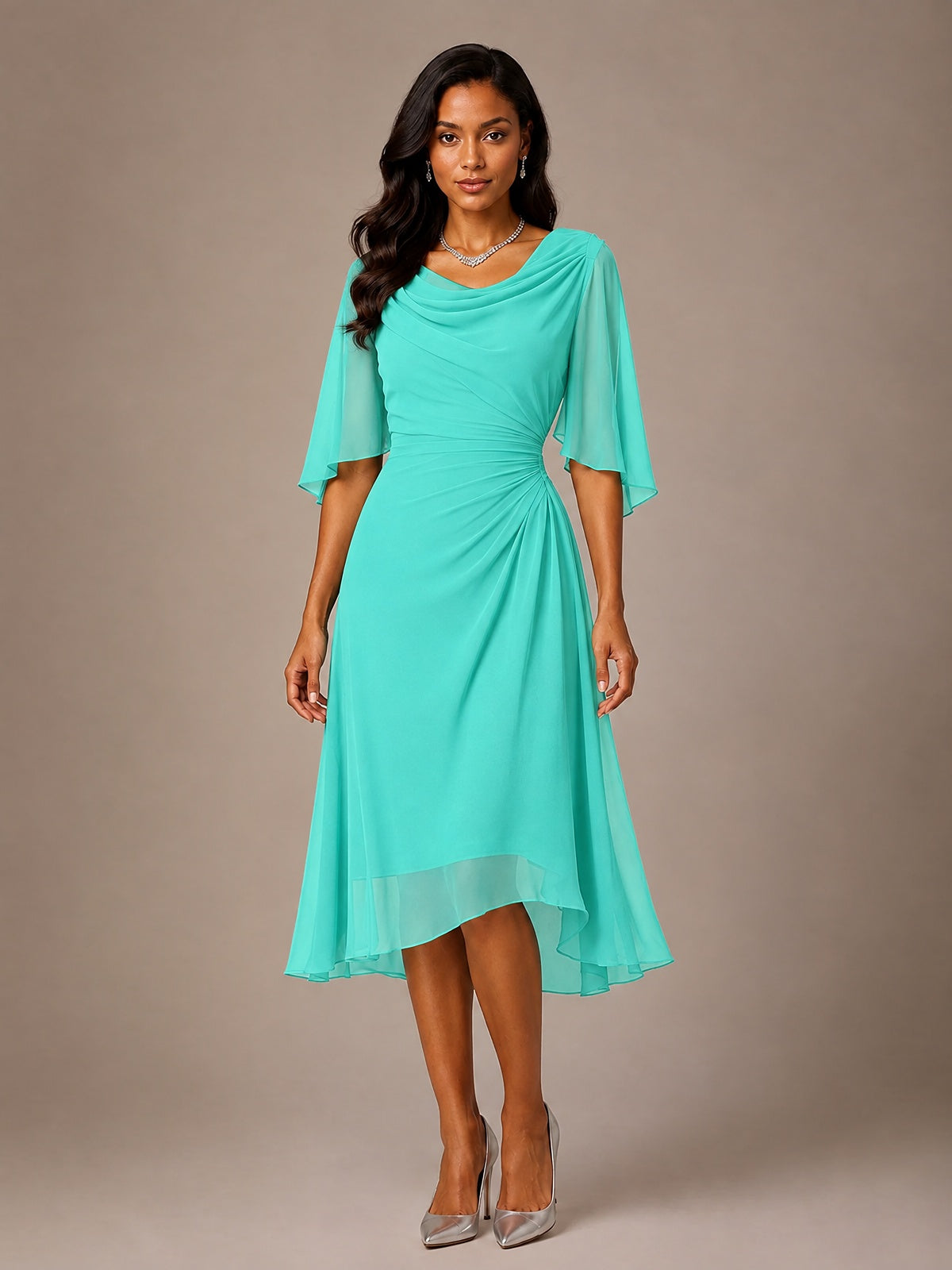 Cowl Neck Ruched Chiffon Mother of the Bride Dresses with Flutter Sleeves