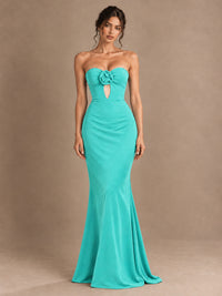 Emerald Green Strapless Mermaid Prom Dress with 3D Rose & Keyhole Cutout