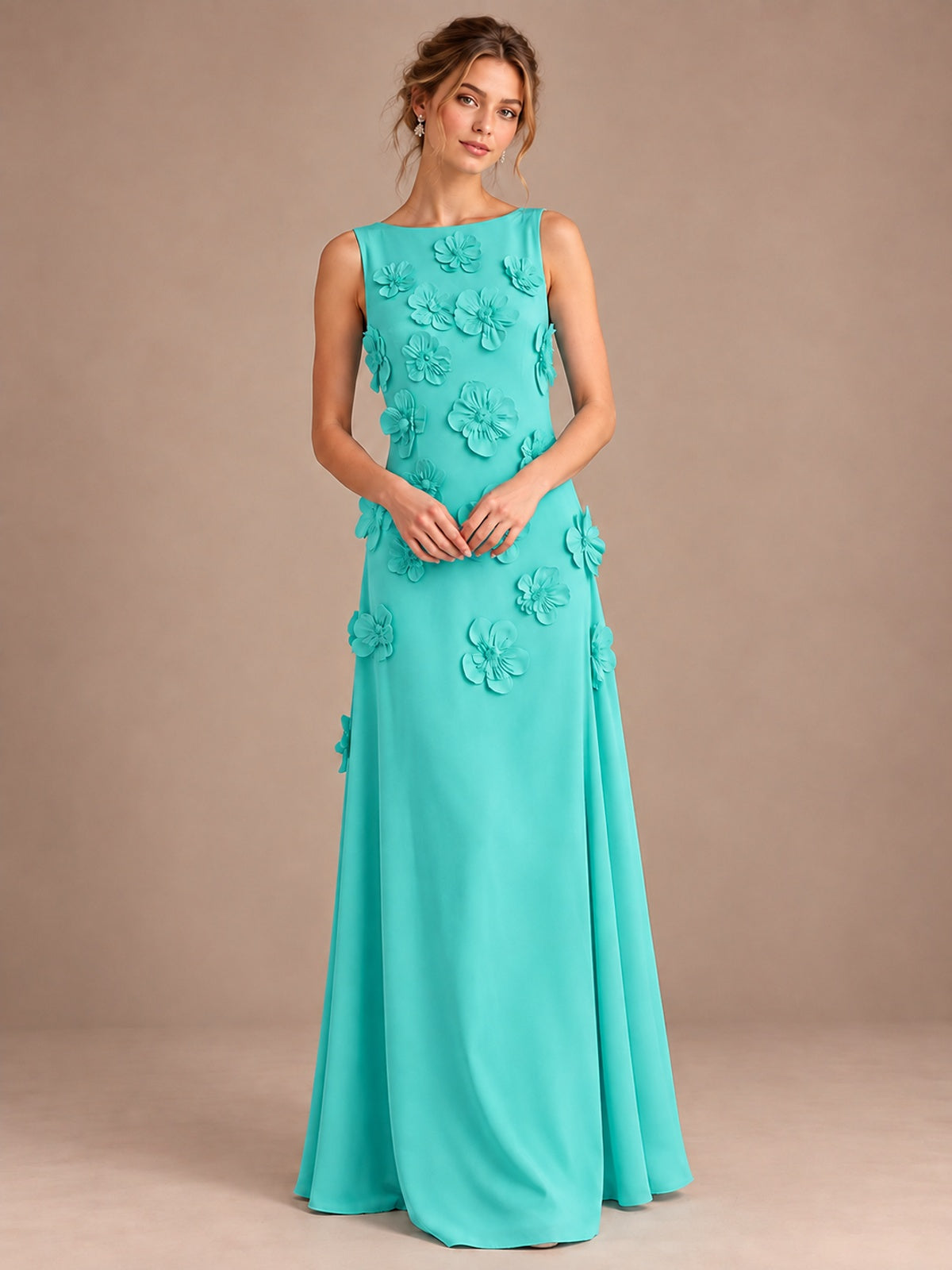 3D Floral Applique Sleeveless Formal Maxi Dress