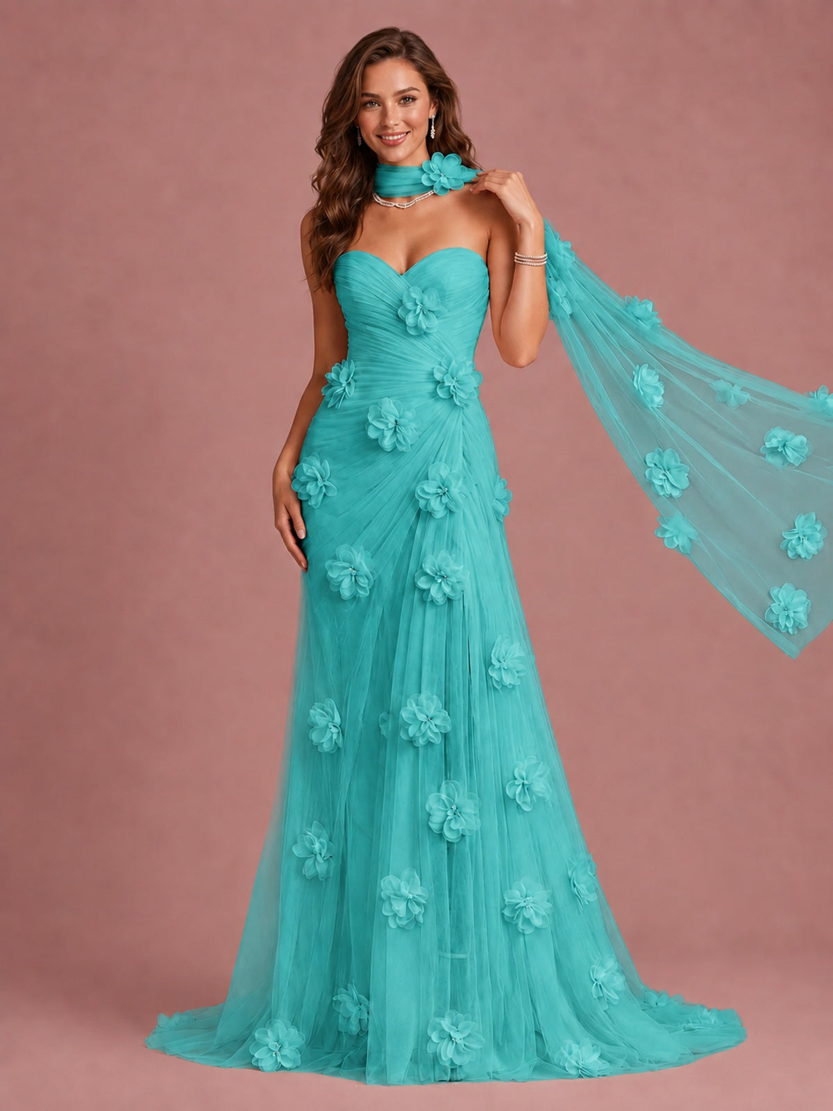 Blush Pink Strapless Sweetheart 3D Floral Tulle Mermaid Prom Dress