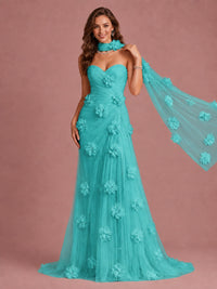 Blush Pink Strapless Sweetheart 3D Floral Tulle Mermaid Prom Dress
