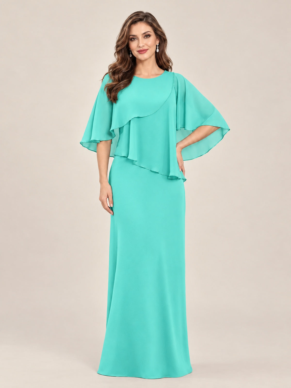 Turquoise-Chiffon 2 Piece A Line Mother of The Bride Dresses with Cape