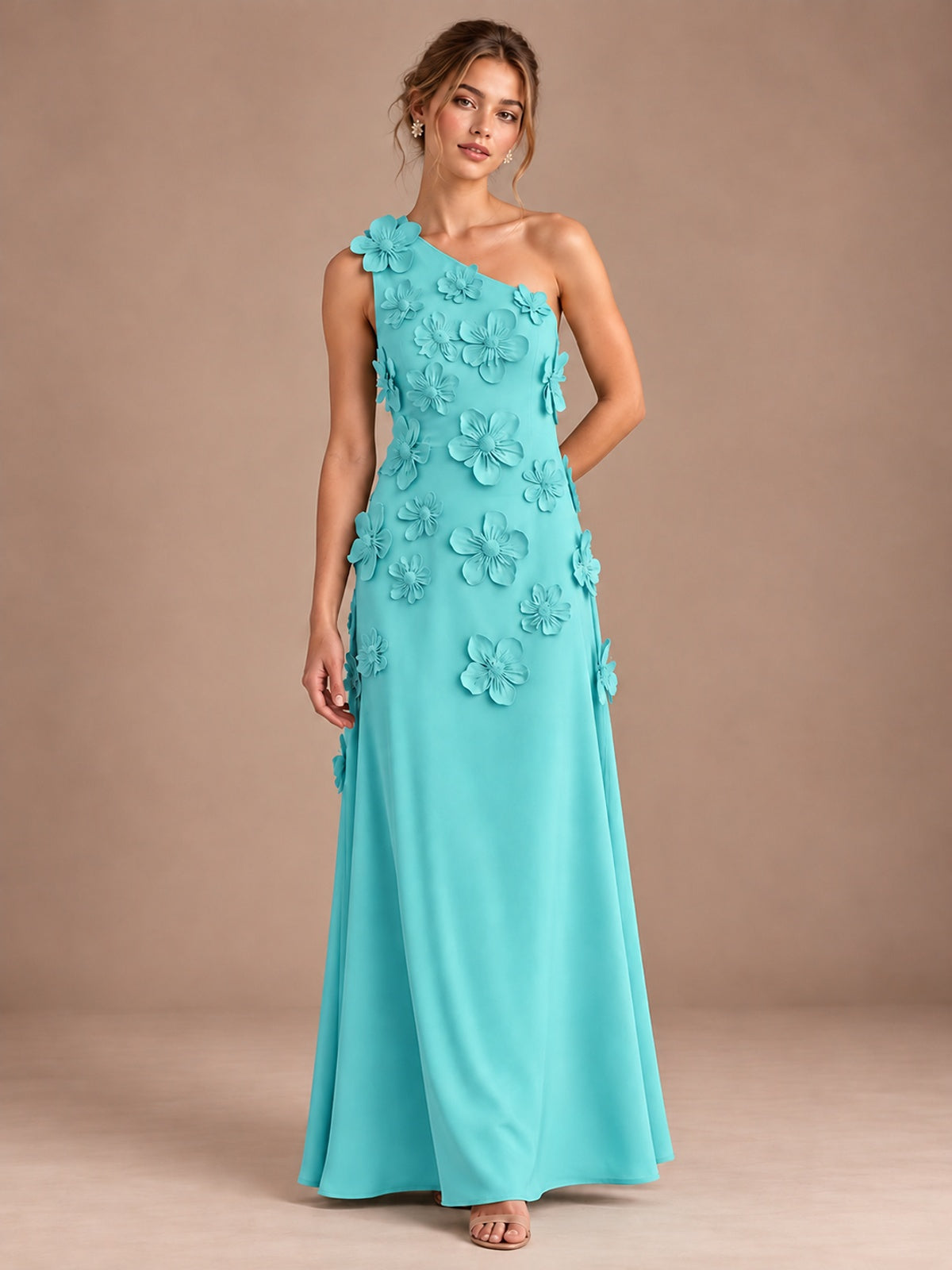 Turquoise- One Shoulder Satin Formal Maxi Dress with 3D Floral