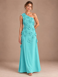 Turquoise- One Shoulder Satin Formal Maxi Dress with 3D Floral