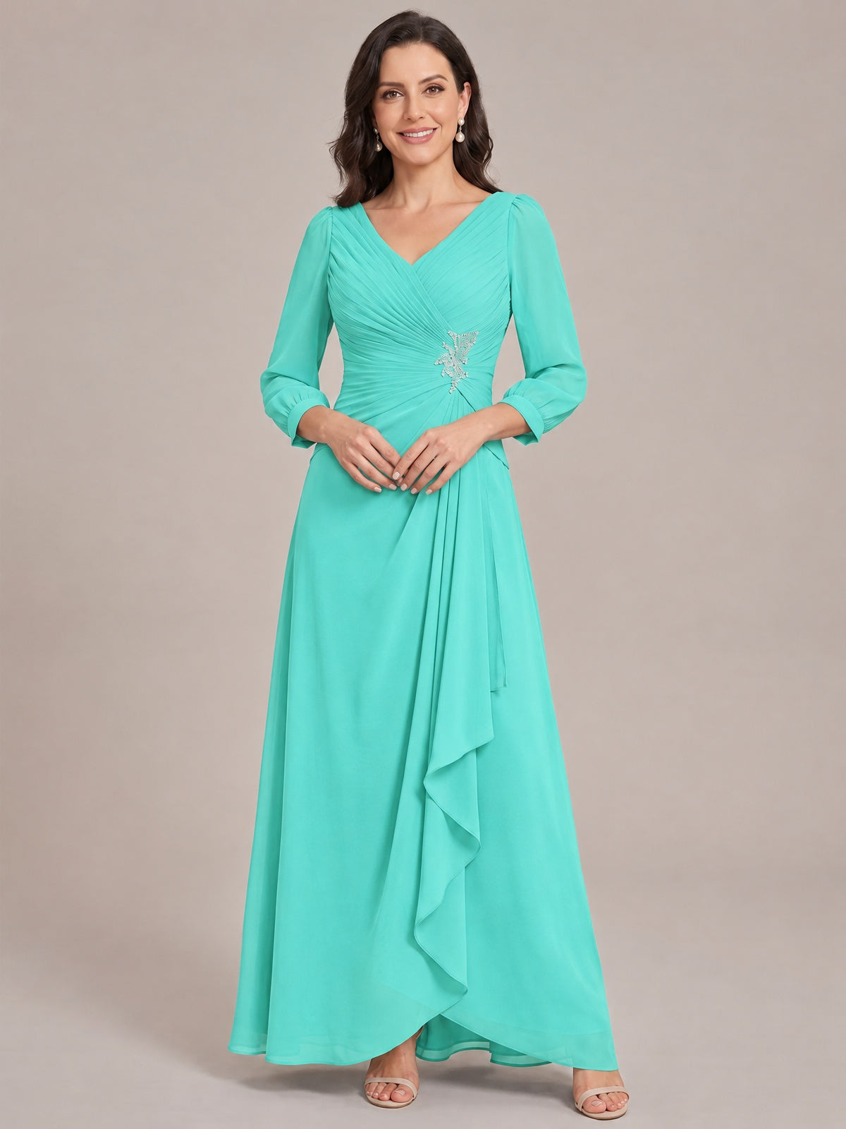 Turquoise-Long Sleeve Chiffon Beaded Mother of The Bride Dresses for Women
