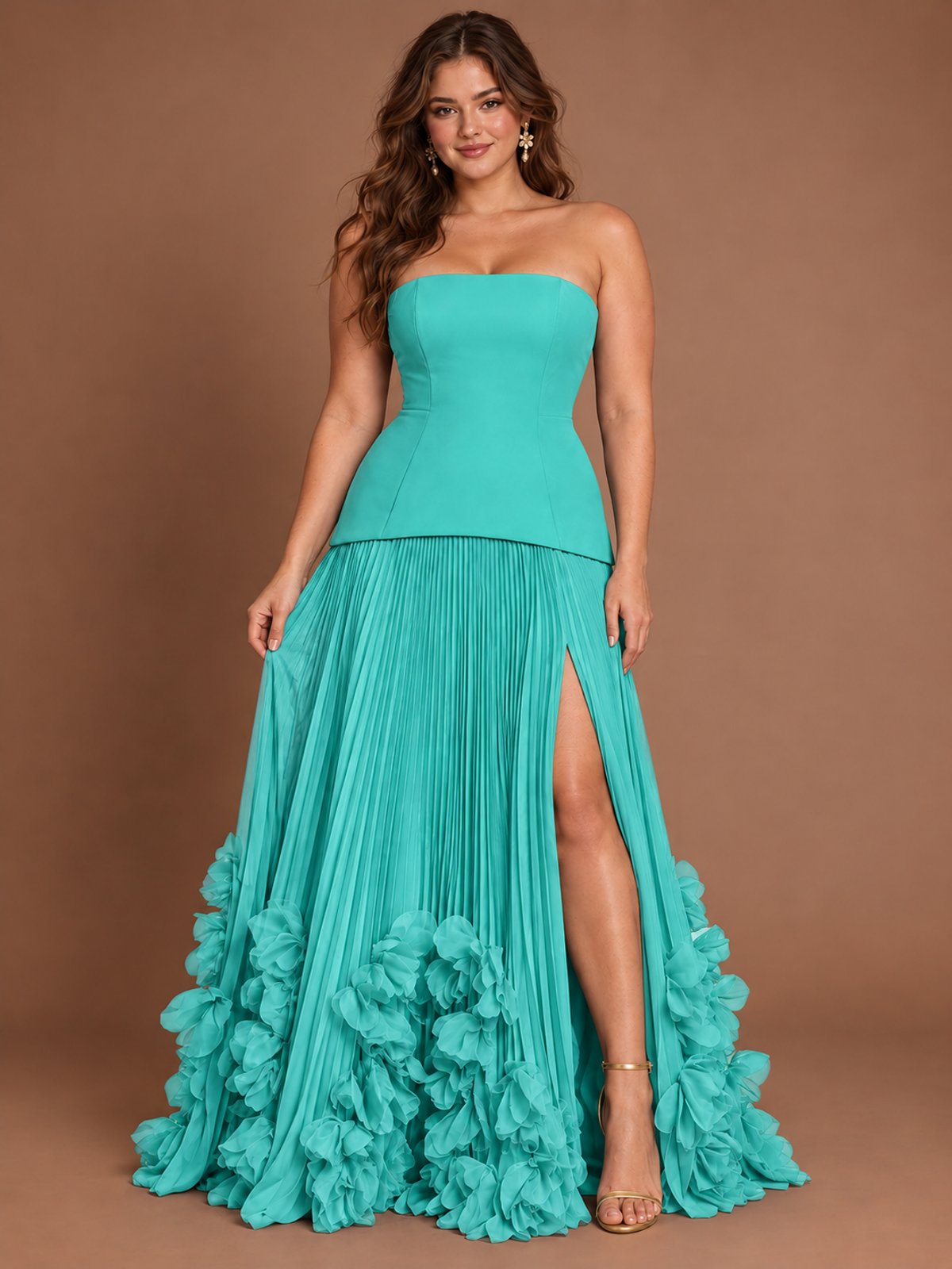 Strapless Pleated Floral Satin Formal Dress with Side Slit