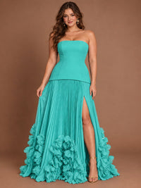 Strapless Pleated Floral Satin Formal Dress with Side Slit