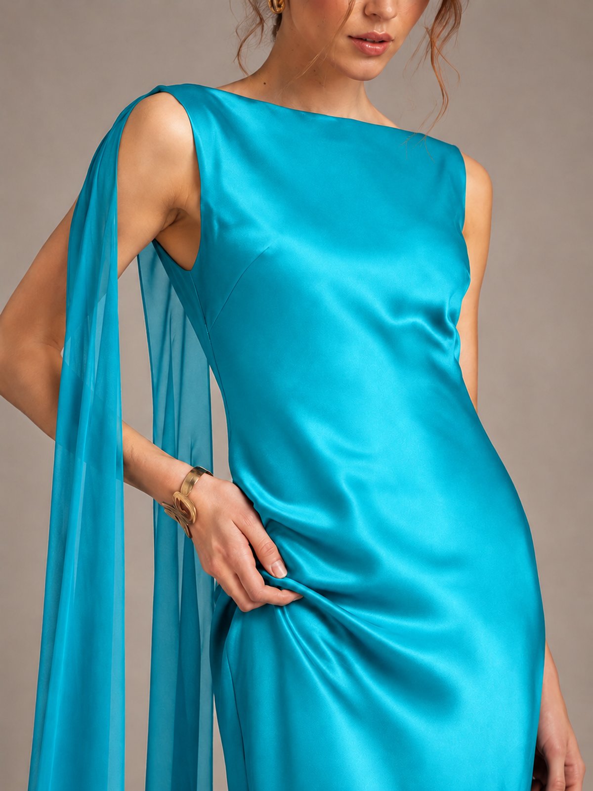 Burgundy Satin Mermaid Cape Maxi Dress