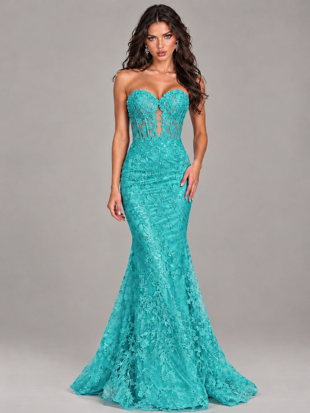 Strapless Corset Mermaid Prom Dress Lace Appliqué Formal Gown