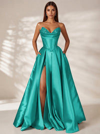 Turquoise Strapless Corset Satin Prom Dress Long Evening Gown with High Slit