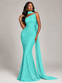 Pleated Chiffon Lace Prom Dresses Long Bodycon Mermaid with Scarf