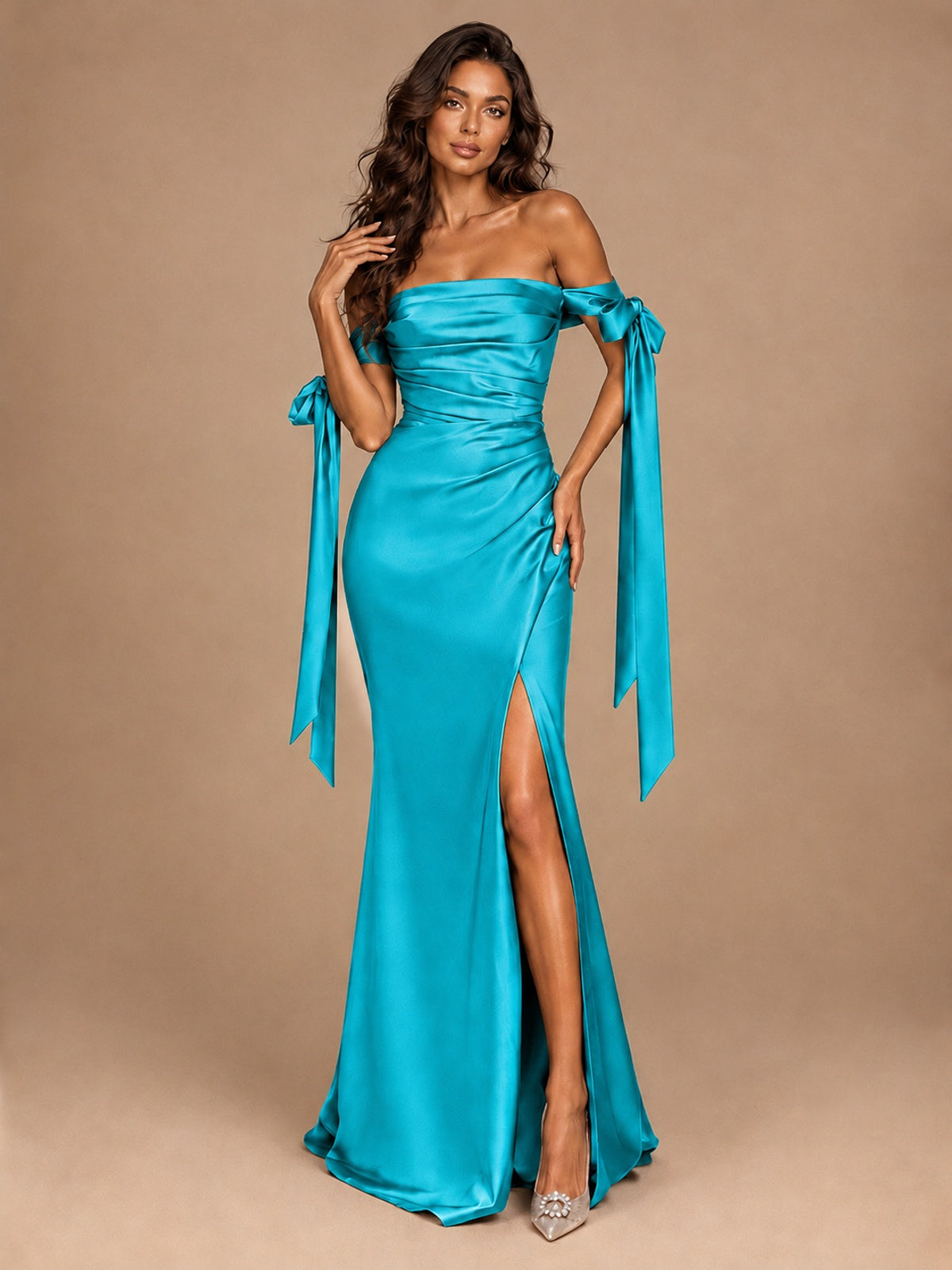 Off The Shuolder Satin Prom Dress Slit Mermaid Formal Gowns