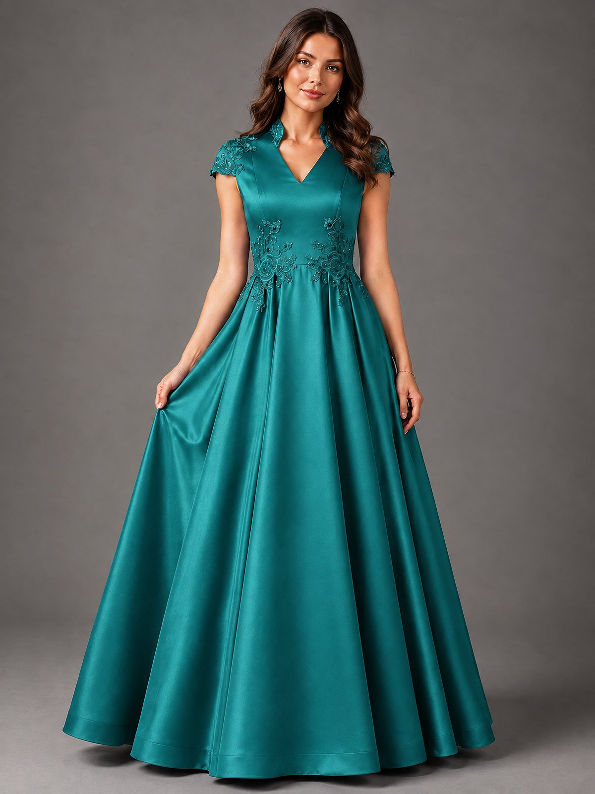 Lace Appliqué A-Line Satin Maxi Dress
