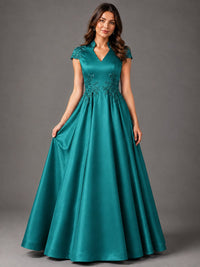 Lace Appliqué A-Line Satin Maxi Dress