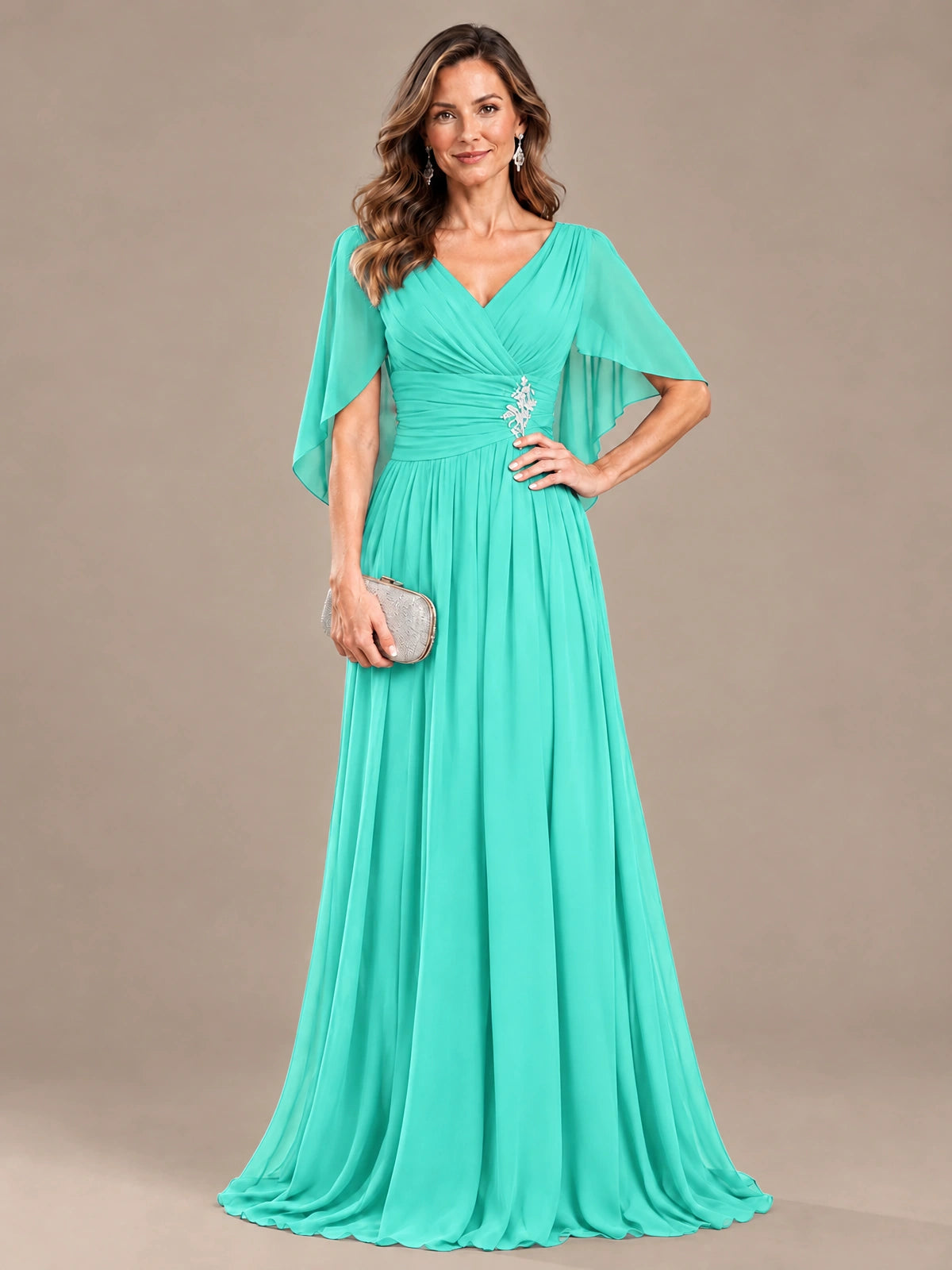 Ruched V Neck Mother of The Bride Dresses with Shawls Appliques and Cap Sleeves