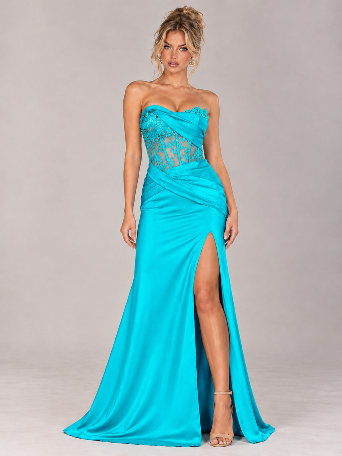 Strapless Satin Prom Dress with Sheer Lace Corset & High Slit