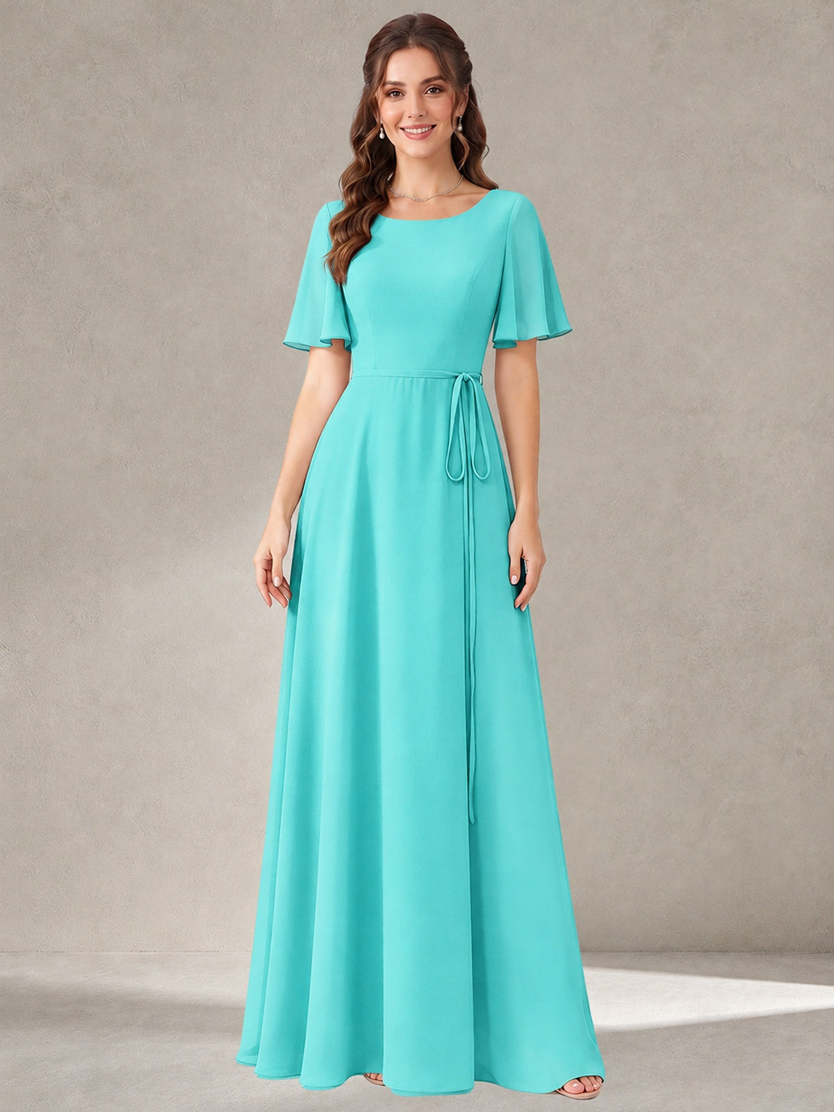 Turquoise Scoop Neck A-line Chiffon Bridesmaid Dress with Belt Flutter Sleeve Formal Wedding Guest Dress Evening Gown