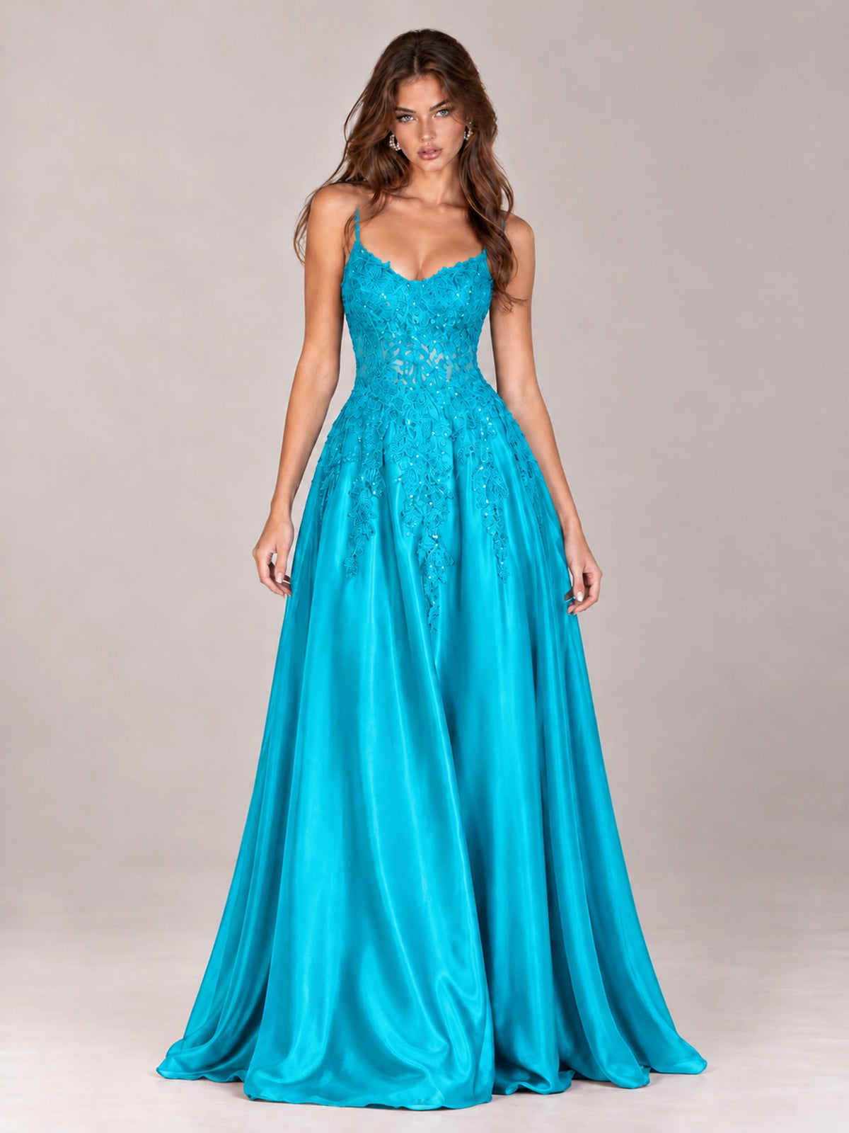 Lace Applique Satin A-Line Prom Dress with Sheer Bodice