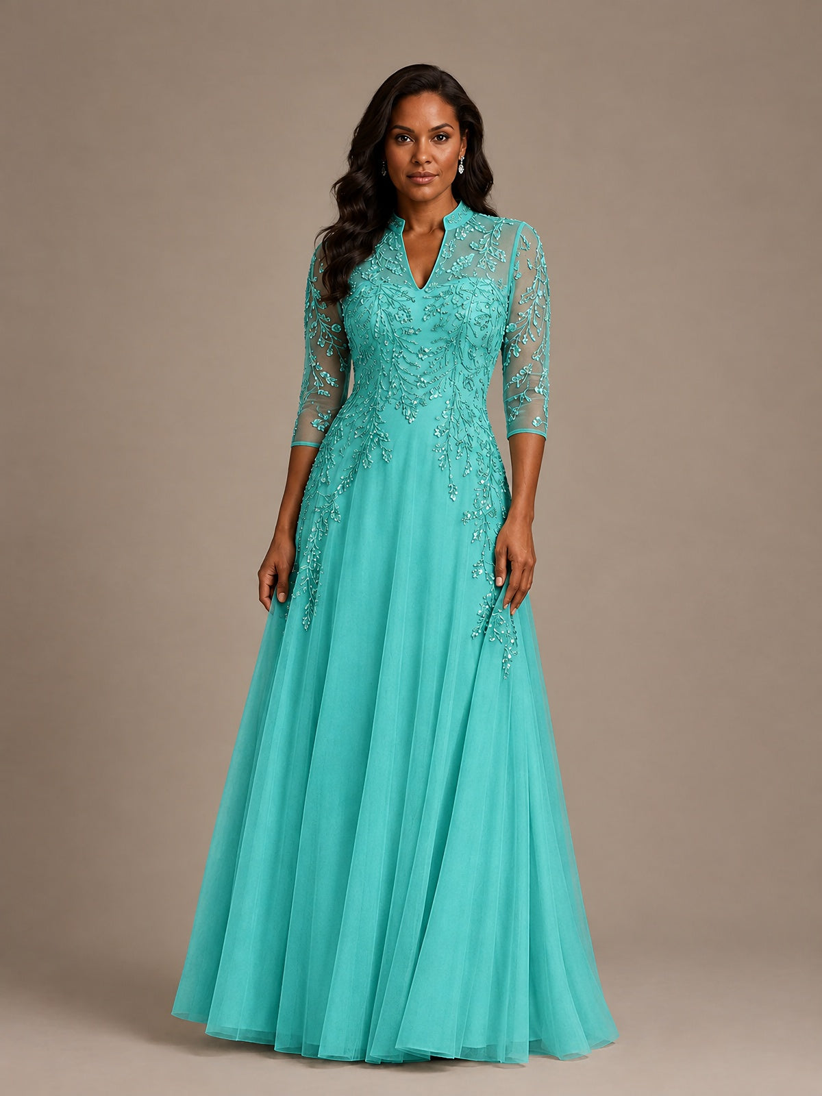 Embellished Appliques Mother of the Bride Dress with 3/4 Sleeves