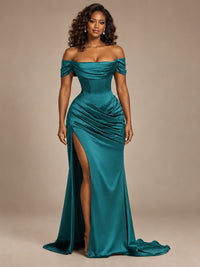 Burgundy Off-the-Shoulder Satin Corset Prom Dress with Slit