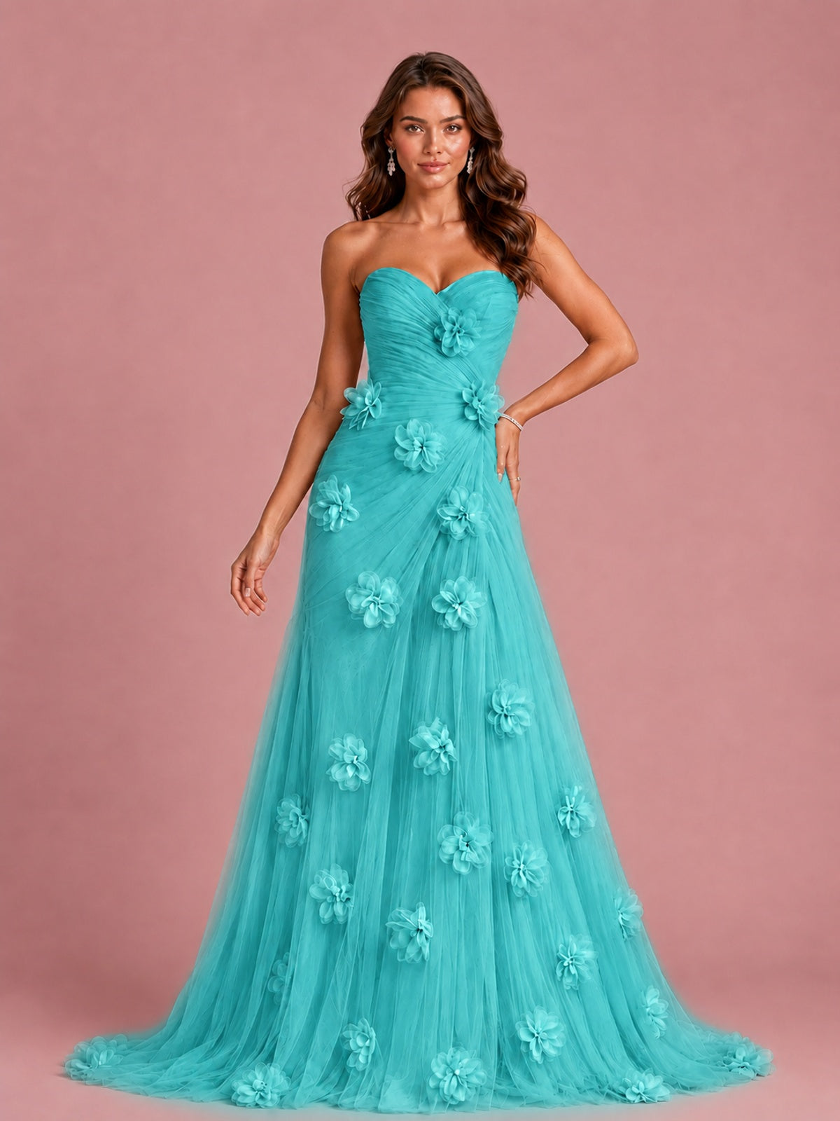 3D Floral Applique Strapless Tulle Prom Dress with High Slit