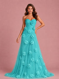3D Floral Applique Strapless Tulle Prom Dress with High Slit