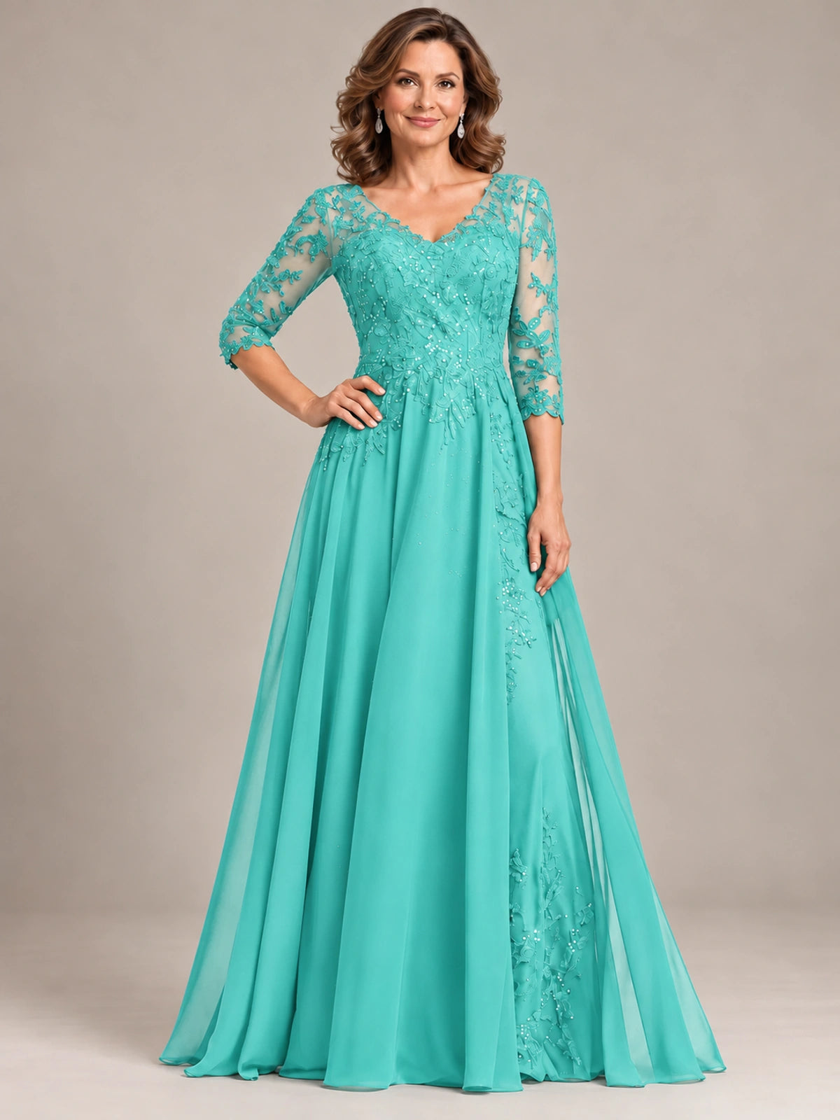 Sequin Lace A-Line Mother of the Bride Dress with 3/4 Sleeves