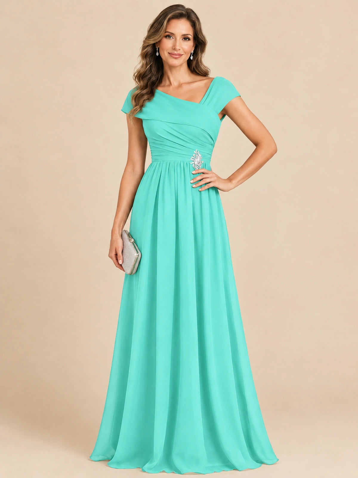 Cap Sleeve Mother of The Bride Dresses Long Chiffon Formal Gowns