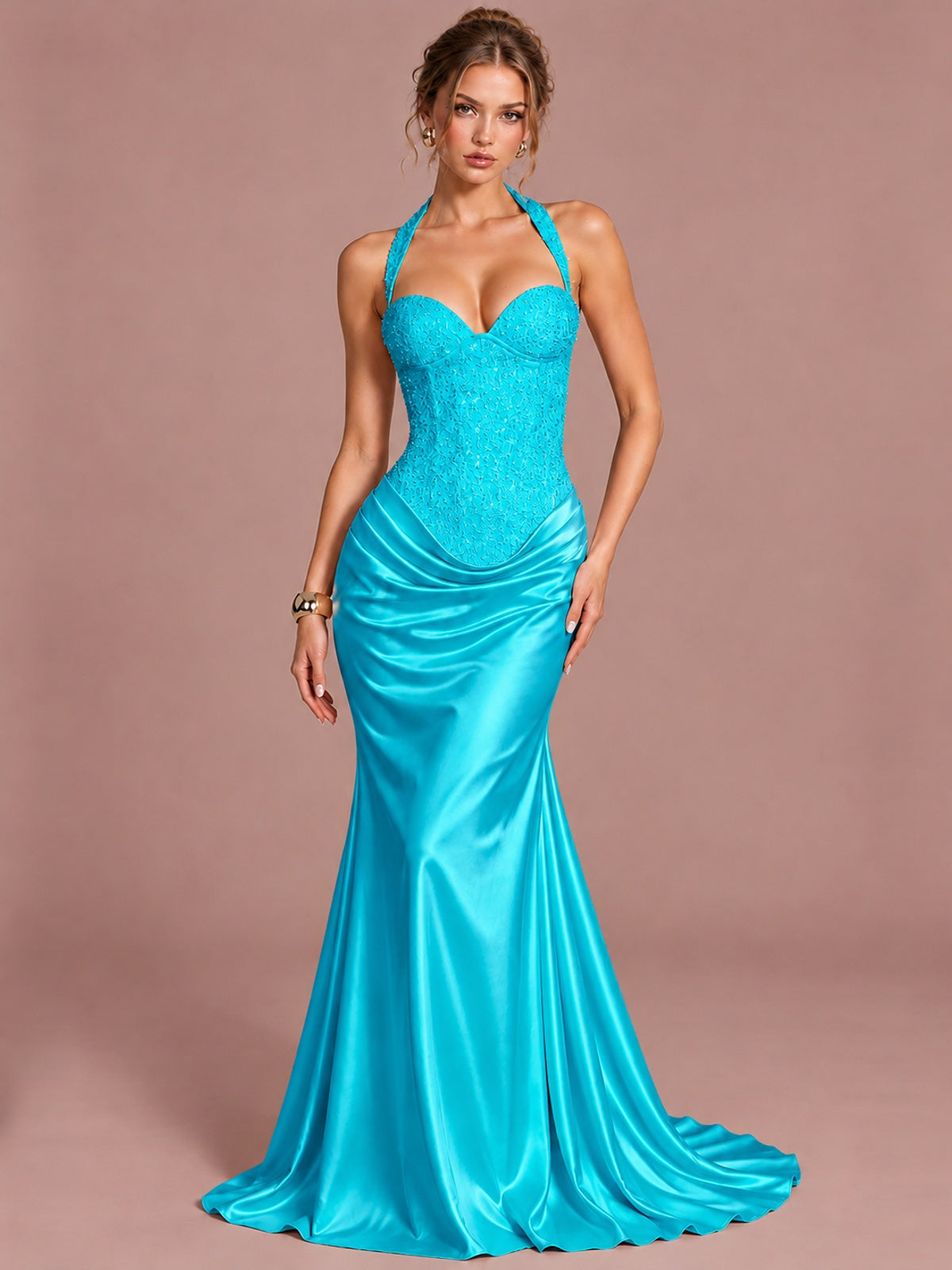 Turquoise Sparkling Halter Corset Satin Mermaid Prom Dress Long Ruched Sequin Formal Gown Evening Party Dress