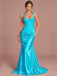 Turquoise Sparkling Halter Corset Satin Mermaid Prom Dress Long Ruched Sequin Formal Gown Evening Party Dress