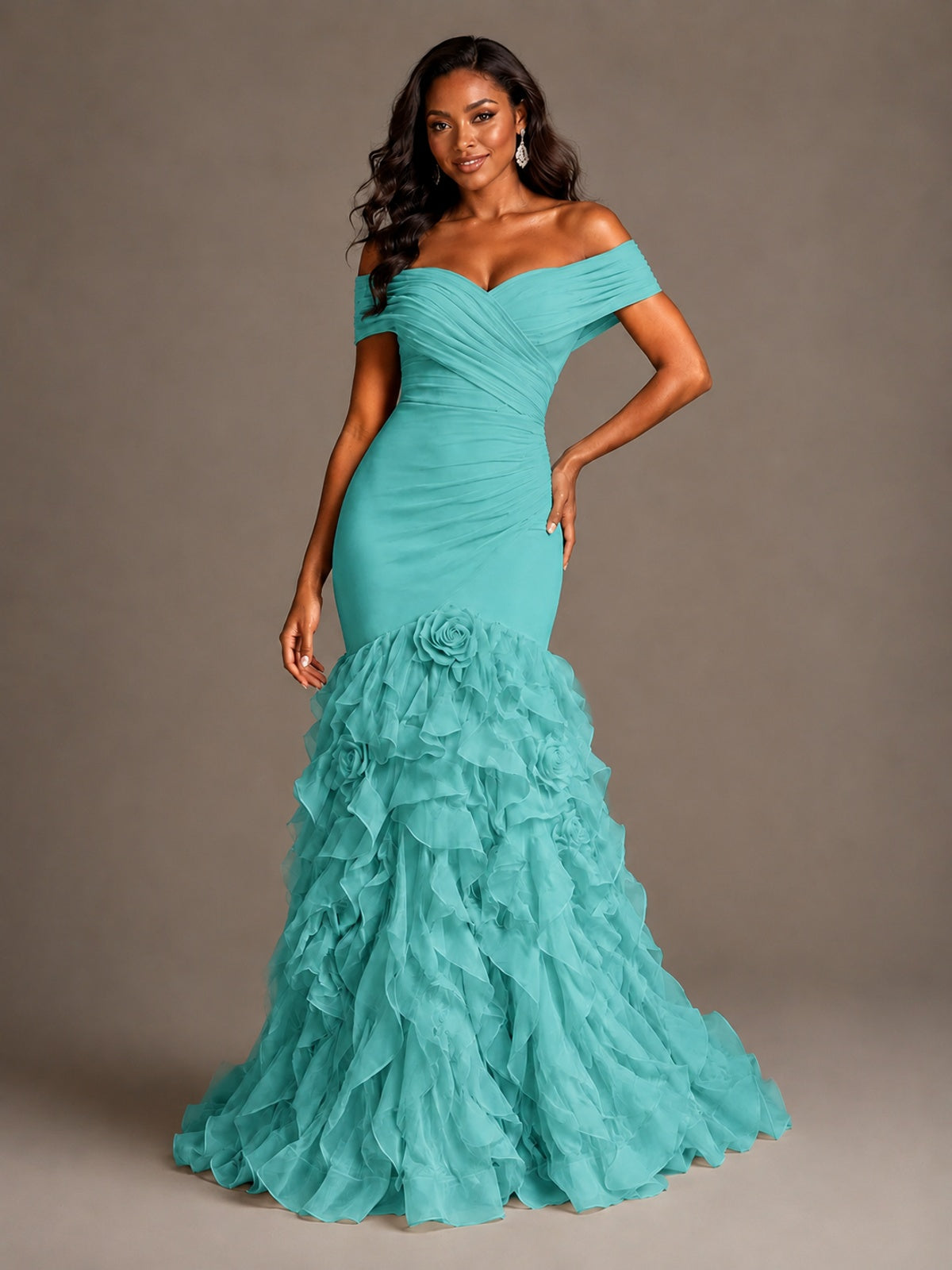Pink Off-the-Shoulder Mermaid Prom Dress with Ruffles 3D Flowers